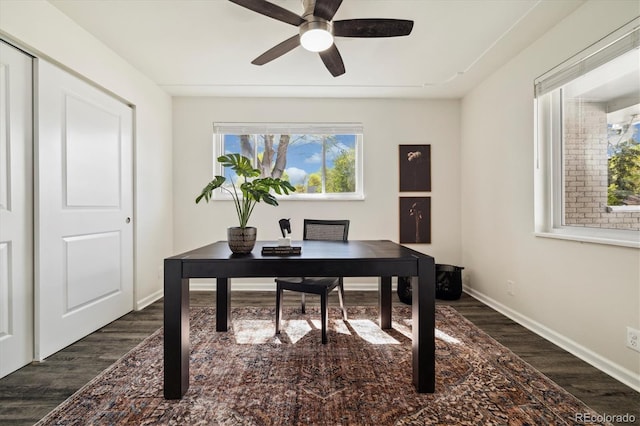 4500 Zephyr St, Wheat Ridge, CO 80033 - office area with dark wood-style floors, plenty of natural light, a ceiling fan, and baseboards