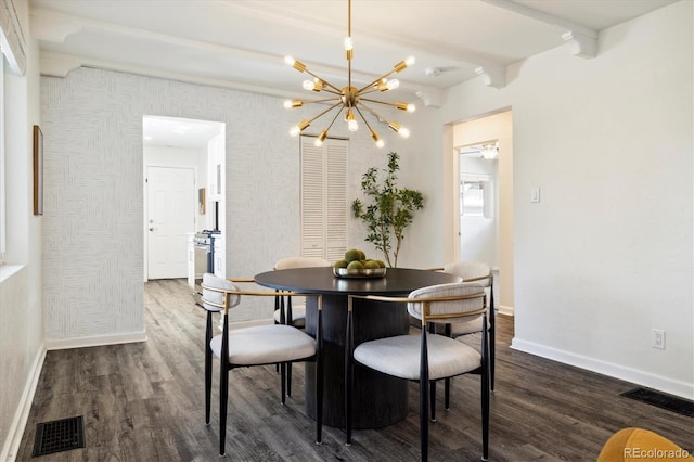 4500 Zephyr St, Wheat Ridge, CO 80033 - dining space featuring dark wood-style floors, a chandelier, baseboards, and beam ceiling