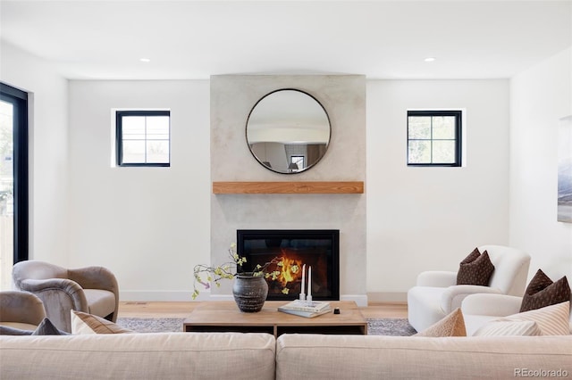1680 S Humboldt St, Denver, CO 80210 - living room featuring wood finished floors, a large fireplace, plenty of natural light, baseboards, and recessed lighting