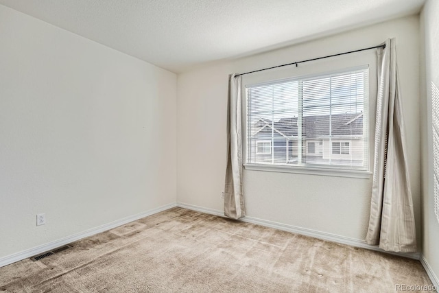 spare room with a textured ceiling and light colored carpet