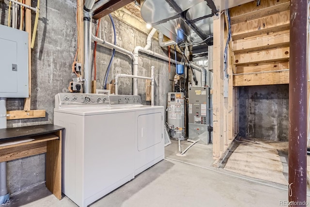 laundry room featuring independent washer and dryer, electric panel, and water heater