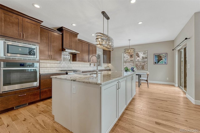 kitchen with light wood-style flooring, under cabinet range hood, a sink, appliances with stainless steel finishes, and tasteful backsplash