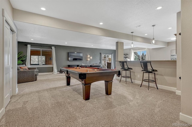 playroom featuring billiards, baseboards, carpet, a textured ceiling, and recessed lighting