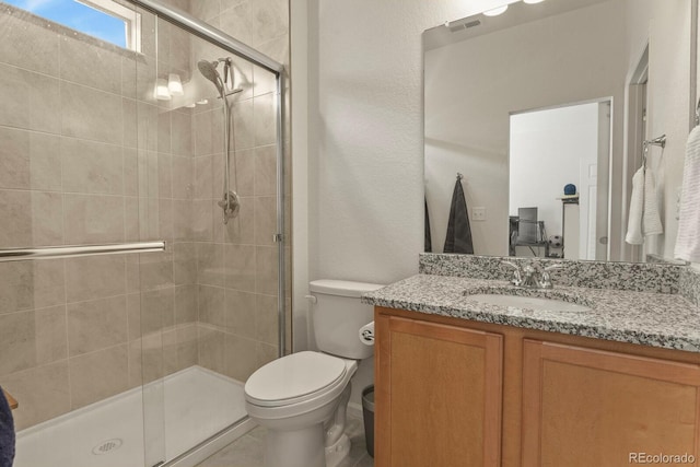full bathroom featuring a shower stall, toilet, vanity, and visible vents