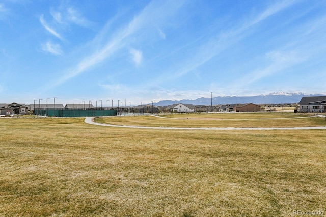 view of community with a lawn and a mountain view