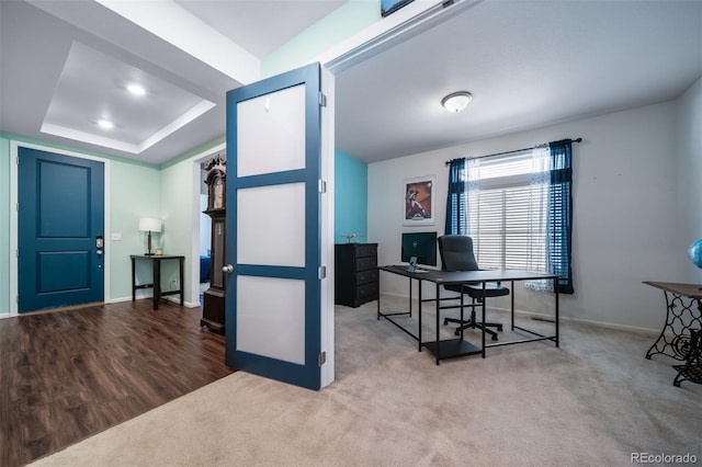 office space featuring a raised ceiling and carpet flooring