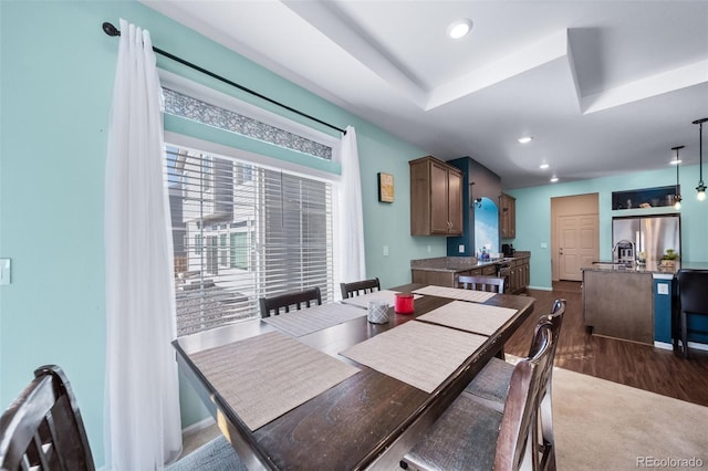 dining room featuring a raised ceiling and dark hardwood / wood-style flooring