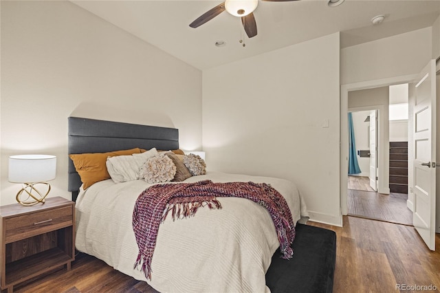 bedroom with ceiling fan and wood finished floors