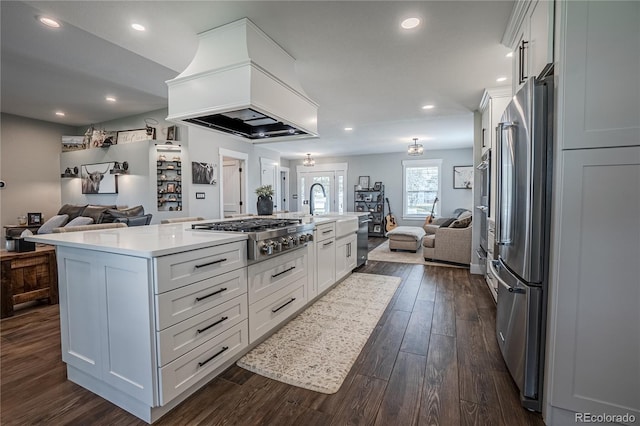 kitchen featuring white cabinets, a kitchen island with sink, appliances with stainless steel finishes, and premium range hood