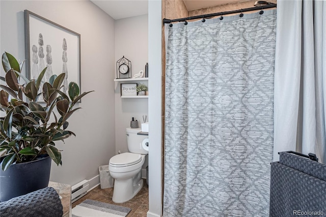 bathroom with toilet, a shower with shower curtain, and a baseboard radiator