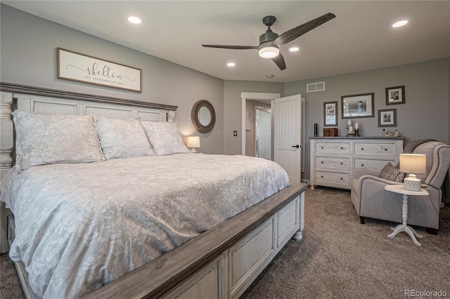 carpeted bedroom with ceiling fan