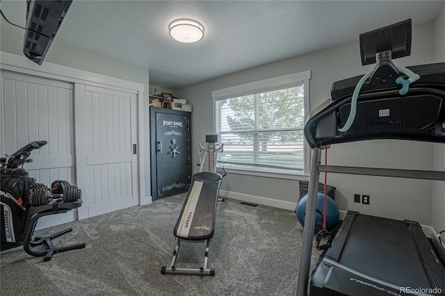 workout area with a textured ceiling and carpet