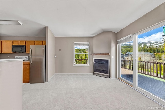10 River Park Dr Unit A, Breckenridge, CO 80424 - unfurnished living room with light carpet, a glass covered fireplace, and baseboards