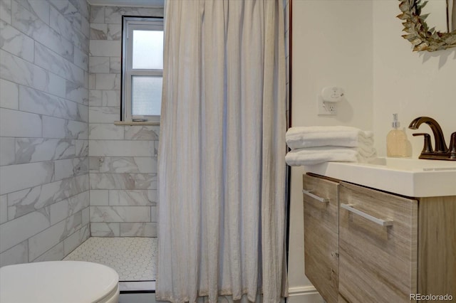 bathroom featuring vanity, toilet, and a shower with shower curtain