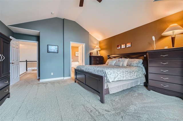 455 Bexley St, Littleton, CO 80126 - bedroom with lofted ceiling, light carpet, connected bathroom, and ceiling fan