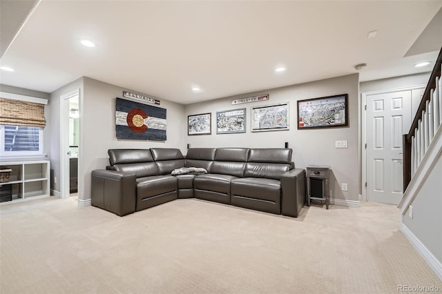 455 Bexley St, Littleton, CO 80126 - living room with light carpet, recessed lighting, and stairway