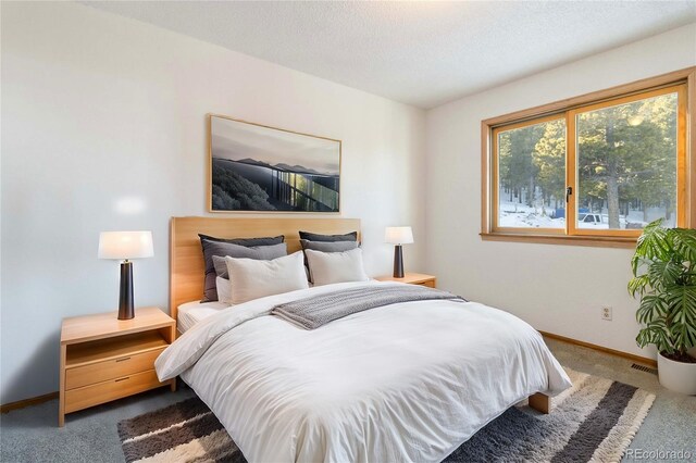 carpeted bedroom with a textured ceiling