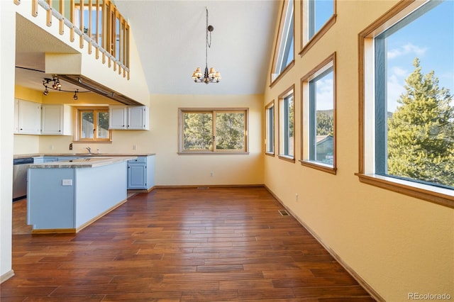 kitchen featuring dishwasher, dark hardwood / wood-style flooring, white cabinets, and plenty of natural light