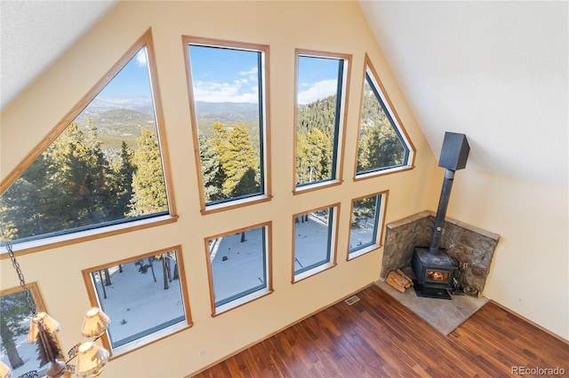 interior space with hardwood / wood-style flooring and a wood stove