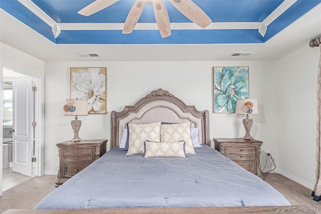 16321 Clayton St, Thornton, CO 80602 - bedroom featuring a raised ceiling, ornamental molding, carpet, and ceiling fan
