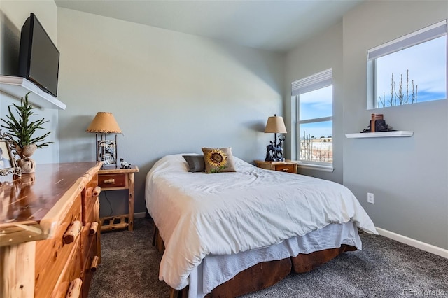 bedroom featuring dark carpet