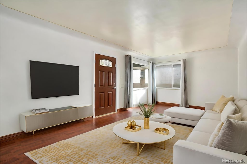 living room with dark hardwood / wood-style floors