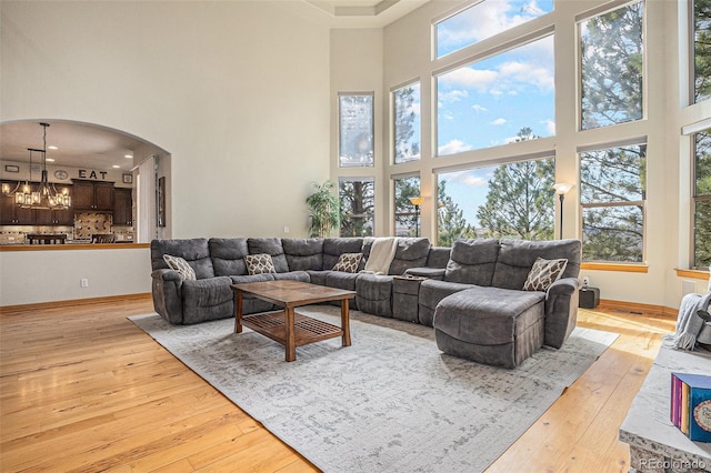 12161 S Leaning Pine Ct, Parker, CO 80134 - living area with light wood-type flooring, arched walkways, a high ceiling, and a wealth of natural light