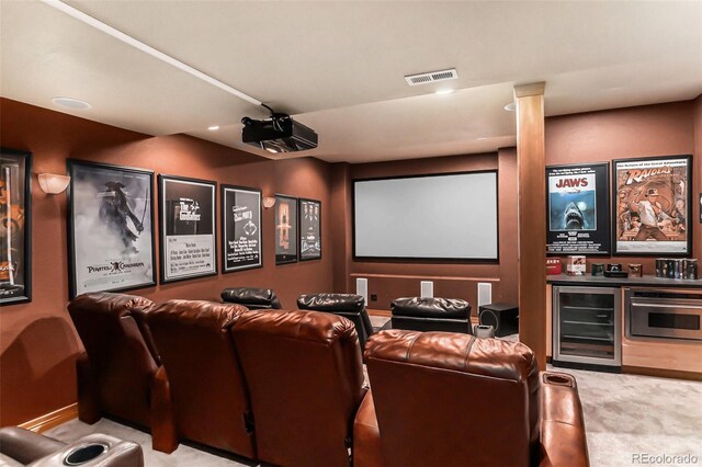 12161 S Leaning Pine Ct, Parker, CO 80134 - carpeted home theater room with visible vents, recessed lighting, and wine cooler