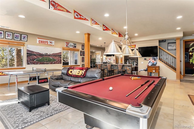 12161 S Leaning Pine Ct, Parker, CO 80134 - recreation room with tile patterned flooring, recessed lighting, pool table, indoor bar, and visible vents
