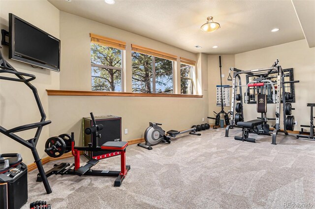 12161 S Leaning Pine Ct, Parker, CO 80134 - workout room featuring baseboards, carpet flooring, and recessed lighting