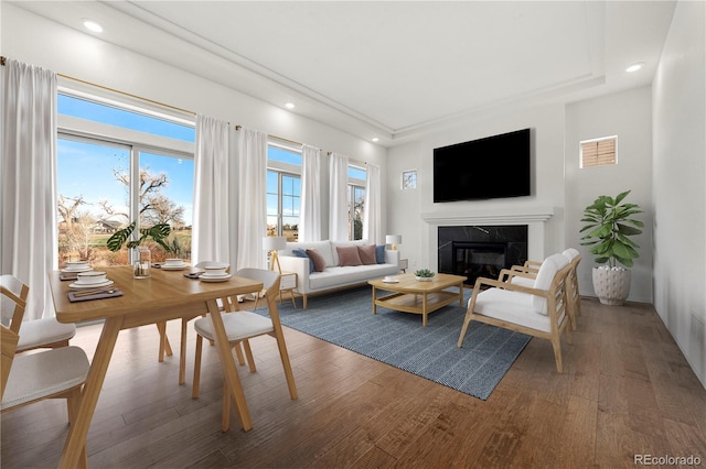 living room with hardwood / wood-style flooring and a fireplace