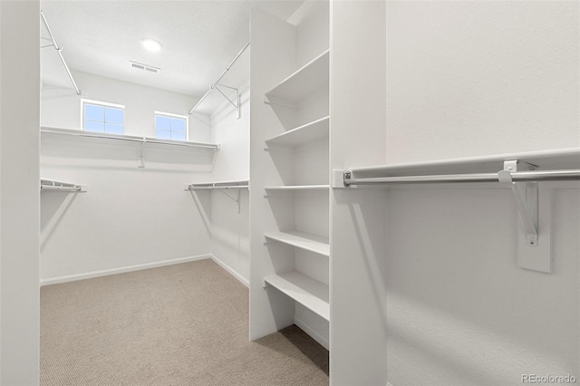 walk in closet featuring light carpet