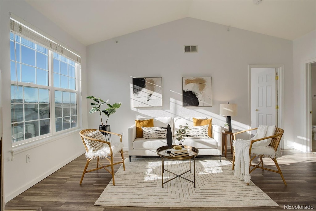 living area with vaulted ceiling and dark hardwood / wood-style flooring