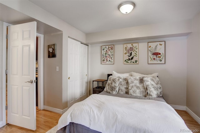 bedroom featuring wood-type flooring and a closet