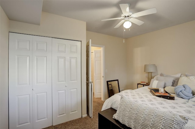 bedroom with a closet, ceiling fan, and carpet flooring