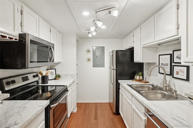 8335 Fairmount Dr Unit 5-106, Denver, CO 80247 - kitchen with stainless steel appliances, a sink, electric panel, and white cabinetry