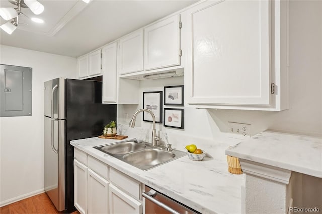 8335 Fairmount Dr Unit 5-106, Denver, CO 80247 - kitchen featuring a sink, electric panel, white cabinetry, and stainless steel appliances
