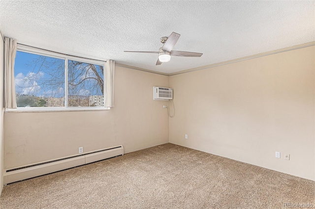 carpeted empty room with ceiling fan, ornamental molding, a textured ceiling, a baseboard radiator, and a wall unit AC