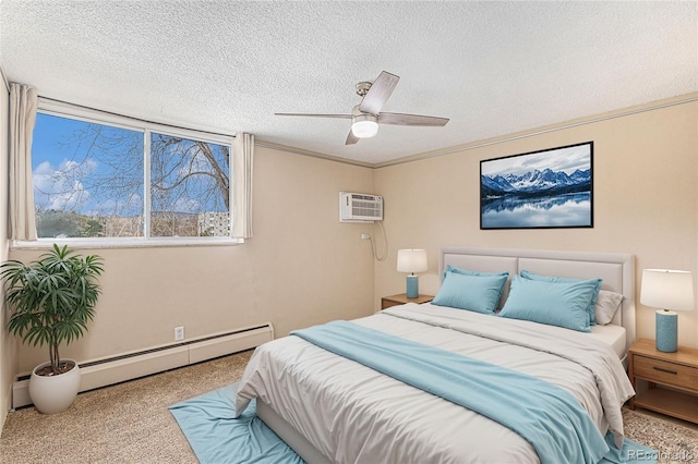 carpeted bedroom featuring ceiling fan, a textured ceiling, a baseboard heating unit, crown molding, and a wall mounted air conditioner