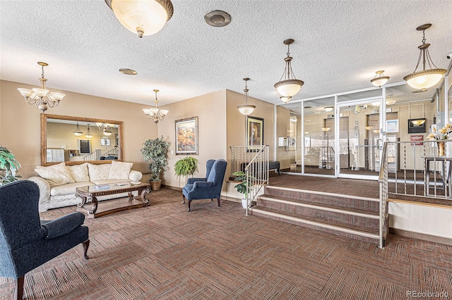 carpeted living room featuring a textured ceiling