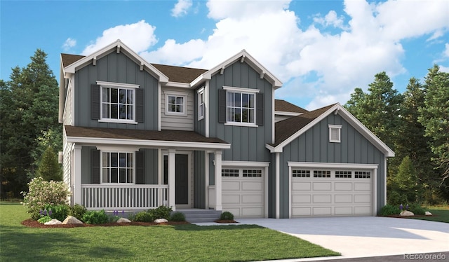 view of front of property featuring a garage, a front lawn, and a porch