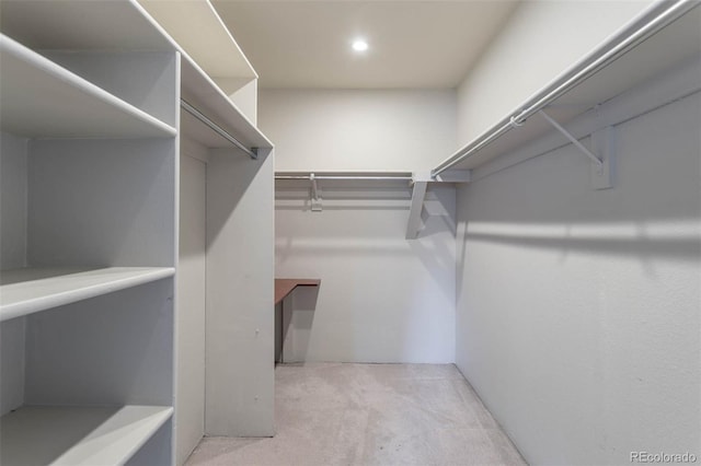 spacious closet featuring light colored carpet