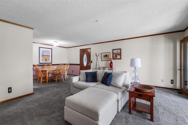 10520 W Jewell Ave Unit 102, Lakewood, CO 80232 - living area with carpet floors, crown molding, a textured ceiling, and baseboards