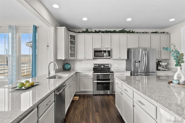 kitchen with light stone countertops, dark wood finished floors, a sink, stainless steel appliances, and glass insert cabinets