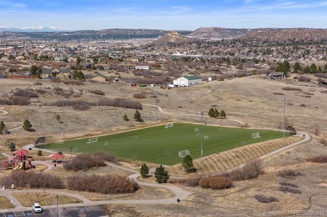 drone / aerial view featuring a mountain view