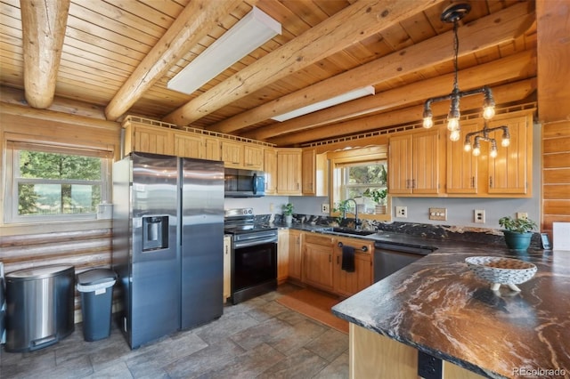 102 Douglas Fir Ln, Woodland Park, CO 80863 - kitchen with beamed ceiling, appliances with stainless steel finishes, wooden ceiling, and a sink
