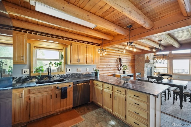 102 Douglas Fir Ln, Woodland Park, CO 80863 - kitchen featuring stainless steel dishwasher, a sink, rustic walls, wooden ceiling, and a peninsula