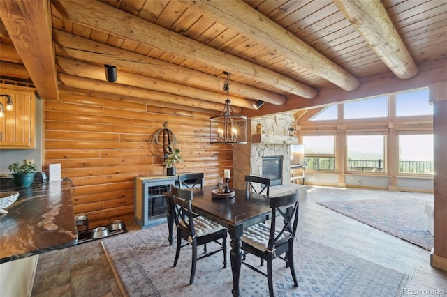 102 Douglas Fir Ln, Woodland Park, CO 80863 - dining room with wood ceiling, log walls, and a fireplace