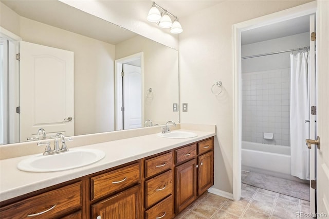 bathroom with vanity and shower / bathtub combination with curtain