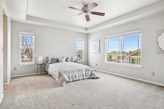 carpeted bedroom with ceiling fan, a raised ceiling, and multiple windows